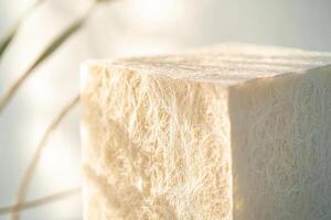 Close-up view of a biodegradable mycelium box showcasing its natural fibrous structure in soft light against a minimalist eco-friendly setting photo