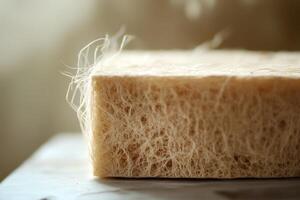 Close-up of a biodegradable mycelium box showcasing its fibrous texture in soft light on a rustic eco-friendly background photo