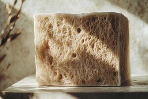A close-up of a biodegradable mycelium box showcasing its unique fibrous texture in soft light on an eco-friendly backdrop photo