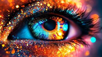 Close-up of a mesmerizing eye showcasing vibrant orange and blue colors with a glowing digital effect photo