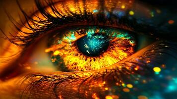 A vibrant close-up of an eye revealing glowing orange and blue tones with a futuristic digital effect, showcasing intricate details and colors photo