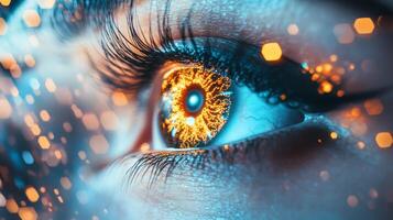 A close-up view of an eye featuring vibrant orange and blue colors, creating a futuristic and glowing digital effect photo