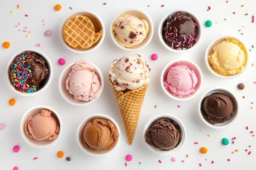 Colorful ice cream scoops in bowls and cones with sprinkles arranged on a bright white background for a delightful summer treat photo