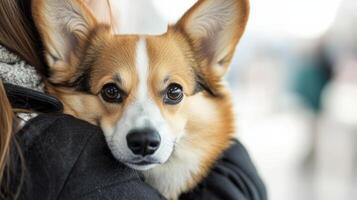 Corgi puppy being held by owner at vet clinic looking curiously at the camera with soft focus and bright background photo