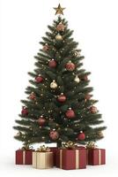 A beautifully decorated Christmas tree adorned with red and gold ornaments stands prominently with wrapped gifts at its base on a white background photo