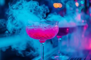 A luxurious city cocktail bar experience featuring vibrant cocktails with misty effects during a vibrant evening atmosphere photo