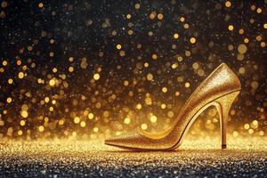 Elegant golden high heels sparkling against a glittering golden background create a glamorous and luxurious atmosphere perfect for fashion events photo