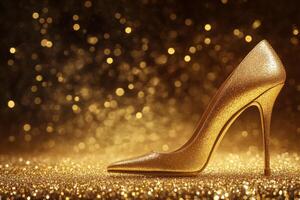 Elegant golden high heels standing on a sparkling glitter background, making a striking statement of glamour and fashion photo