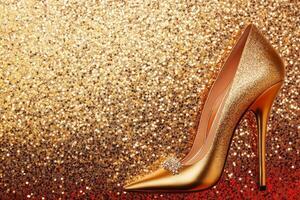 Elegant golden high heels resting on a shimmering glitter backdrop to elevate any fashion-forward wardrobe choice photo