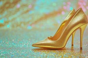 Elegant golden high heels sparkle against a vibrant glitter background, ideal for special occasions or fashionable events photo