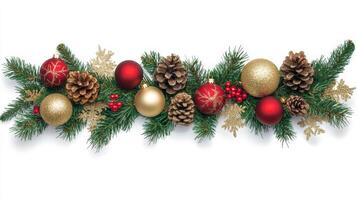 A festive garland adorned with pine branches, red and gold Christmas ornaments, and golden pinecones for holiday decoration photo