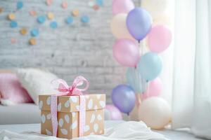 A beautifully arranged gift box with pastel balloons in a cozy, well-decorated room perfect for celebrations and special occasions photo