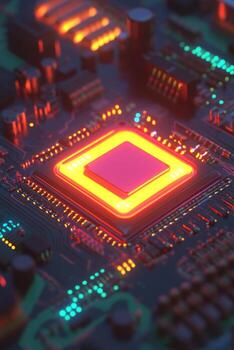 A glowing processor chip on a detailed circuit board highlighting advanced electronic technology at close range photo