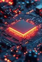 Glowing processor chip illuminated on a dark circuit board with intricate patterns and glowing elements photo
