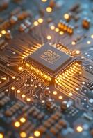 Glowing processor chip illuminating a complex circuit board during technology advancement photo
