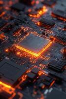 Glowing processor chip illuminates the intricate circuitry on a dark circuit board in a high-tech environment photo