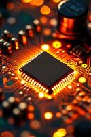 Glowing processor chip surrounded by intricate circuitry on a board, showcasing technological innovation and design photo