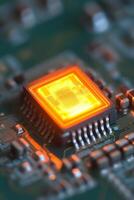 Glowing processor chip illuminated on a green circuit board showcasing intricate electronic components during a close-up shot photo