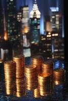 Stacked gold coins forming a bar chart against a vibrant cityscape illuminated by night lights photo