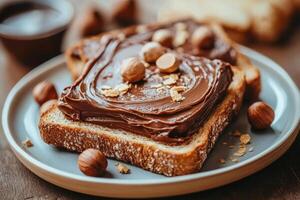 Delicious hazelnut chocolate spread toast garnished with nuts served on a wooden table for breakfast photo
