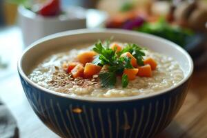 Home-cooked vegetable oat porridge with fresh herbs and spices served in a rustic bowl on a wooden table photo