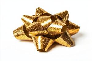 Shiny golden gift bow with reflective surfaces, elegantly displayed on a clean white background for festive occasions photo