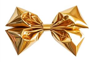 A large, shiny golden gift bow is artfully arranged against a white background, perfect for adding elegance to any present photo