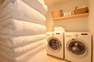 A cozy laundry room featuring a washing machine flanked by neatly stacked towels waiting for use photo