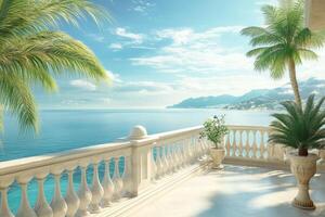 Experience serenity on a luxury hotel balcony overlooking the tranquil sea, featuring palm trees and stunning coastal scenery photo