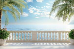 Luxurious balcony overlooking a serene sea view with palm trees on a bright sunny day photo