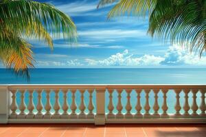 Luxurious hotel balcony overlooking the serene sea and palm trees on a sunny day in a tropical paradise photo