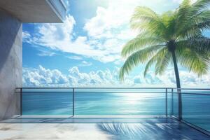 Breathtaking luxury hotel balcony overlooking a sunny sea view with a palm tree swaying gently in the breeze photo