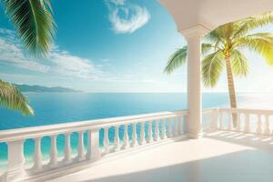 A breathtaking balcony view of the sparkling sea and swaying palm trees in a luxury hotel setting on a sunny day photo