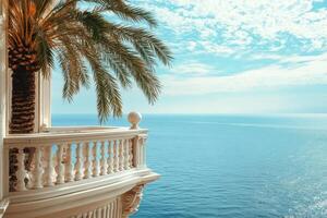 A luxurious hotel balcony overlooking the tranquil sea with a palm tree swaying gently in the warm breeze photo