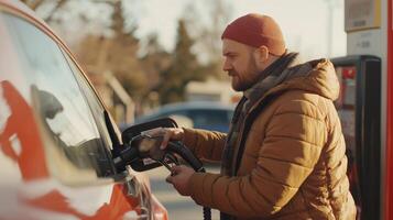 A man fills his car with fuel at a gas station on a sunny afternoon, showcasing the routine of vehicle maintenance photo