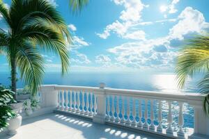 Enjoying breathtaking ocean views from a luxury hotel balcony with swaying palm trees and a bright blue sky photo