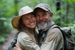 Couple enjoying a peaceful embrace in hiking gear on a forest trail surrounded by greenery photo