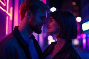 Joyful couple sharing a moment on a dark city street illuminated by neon lights with a minimalistic background photo