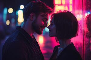 Couple sharing a joyful moment on a dark city street illuminated by neon lights photo