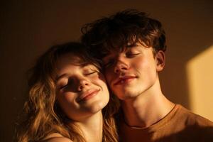A couple embraces gently, sharing a warm moment together indoors, with soft light creating a cozy atmosphere around them photo