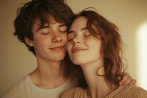 A couple shares a tender moment indoors as they smile and embrace with gentle warmth in the soft ambient light photo