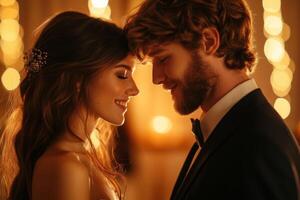 A young couple enjoys a romantic moment together in elegant evening attire, surrounded by warm indoor lighting photo