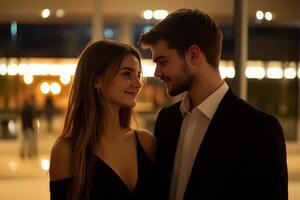 Young couple smiling softly at each other in warm indoor lighting while wearing elegant evening attire photo
