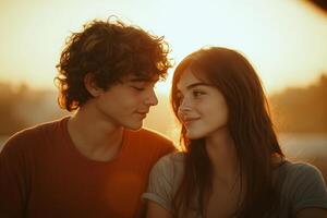 Young couple enjoying a romantic moment outdoors at sunset, captured in soft golden light with a minimalistic background photo