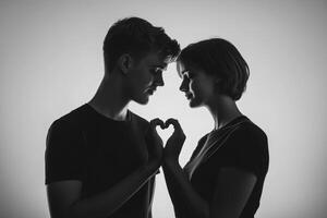 Young couple forming a heart shape with their fingers in a minimalistic black and white setting photo