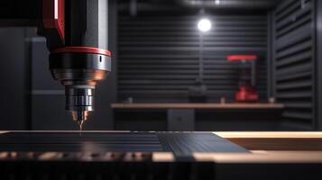Modern CNC machine cutting precise designs in a well-lit workshop during the day with ample workspace available photo
