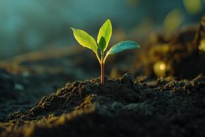 A strong seedling emerges from the dark soil, symbolizing new beginnings and hope for future growth in a natural environment photo