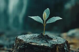 A resilient seedling sprouts from a tree stump, symbolizing new life and business growth in a vibrant forest setting photo