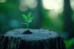A strong seedling emerging from a tree stump symbolizes new beginnings and hope for the future in a serene forest setting photo