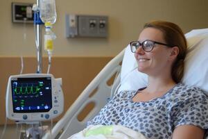 Patient in a hospital bed smiling while monitored with a pulse oximeter and IV drip in a healthcare facility photo